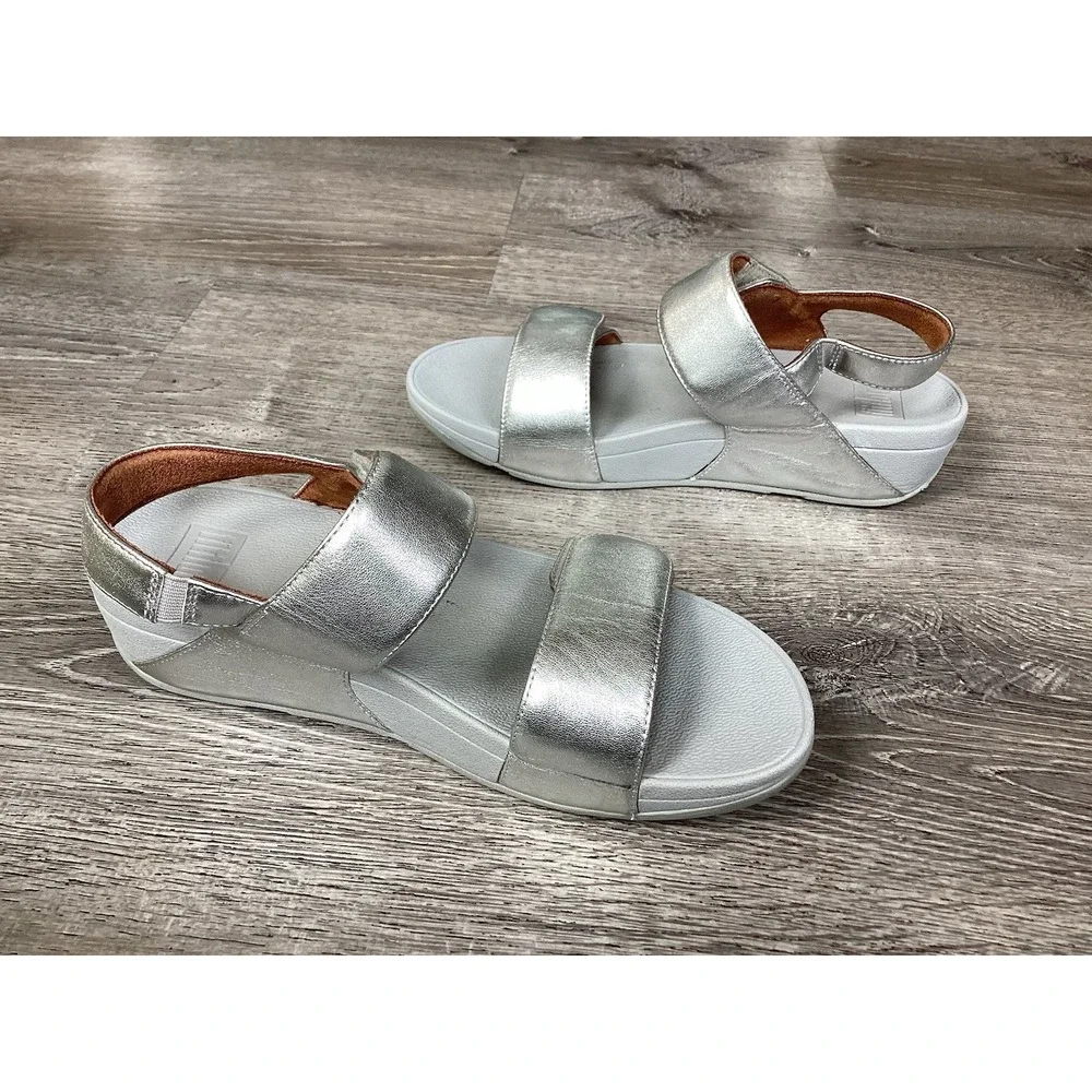FitFlop Lulu Slide Sandals Women size 8.5 Silver Leather Adjustable Slip On